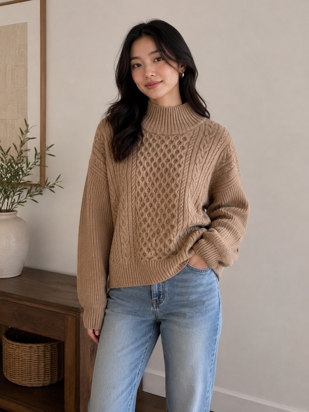 Lyla + Luxe Cozy Tan Cable Knit Sweater